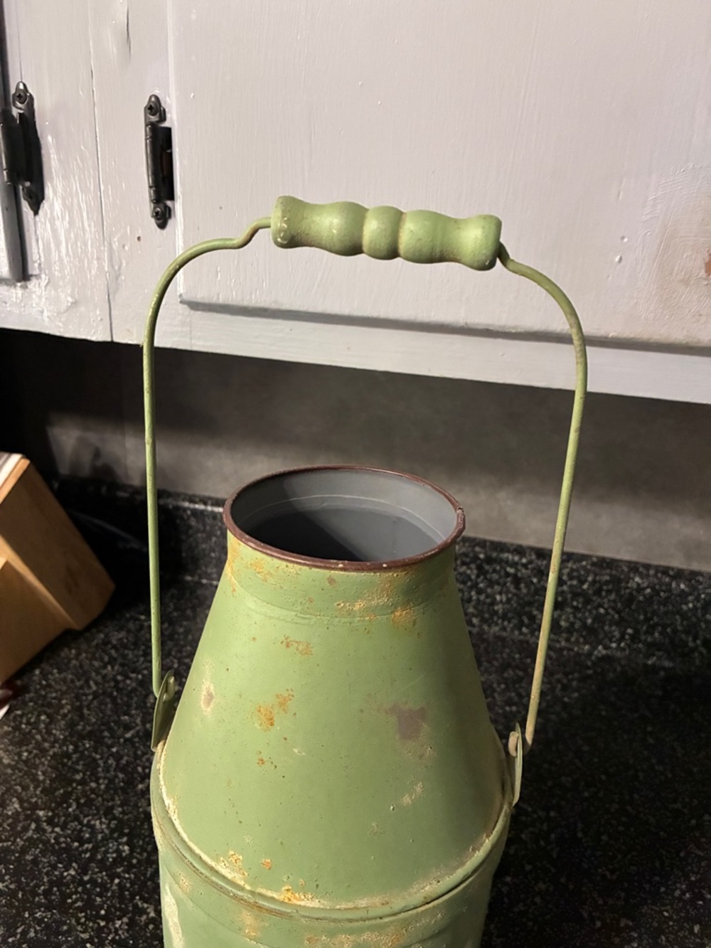 Vintage Green Metal Canister with Rustic French Emblem 13.5” x 5” - Picture 9 of 9